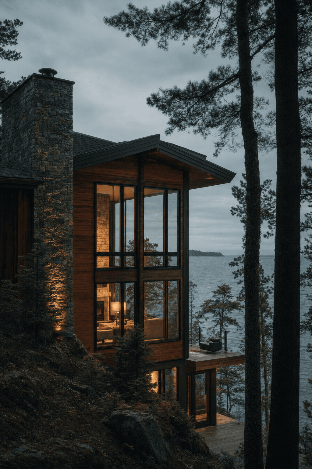 A premium lakefront cabin home among the pines on the North Shore at dusk