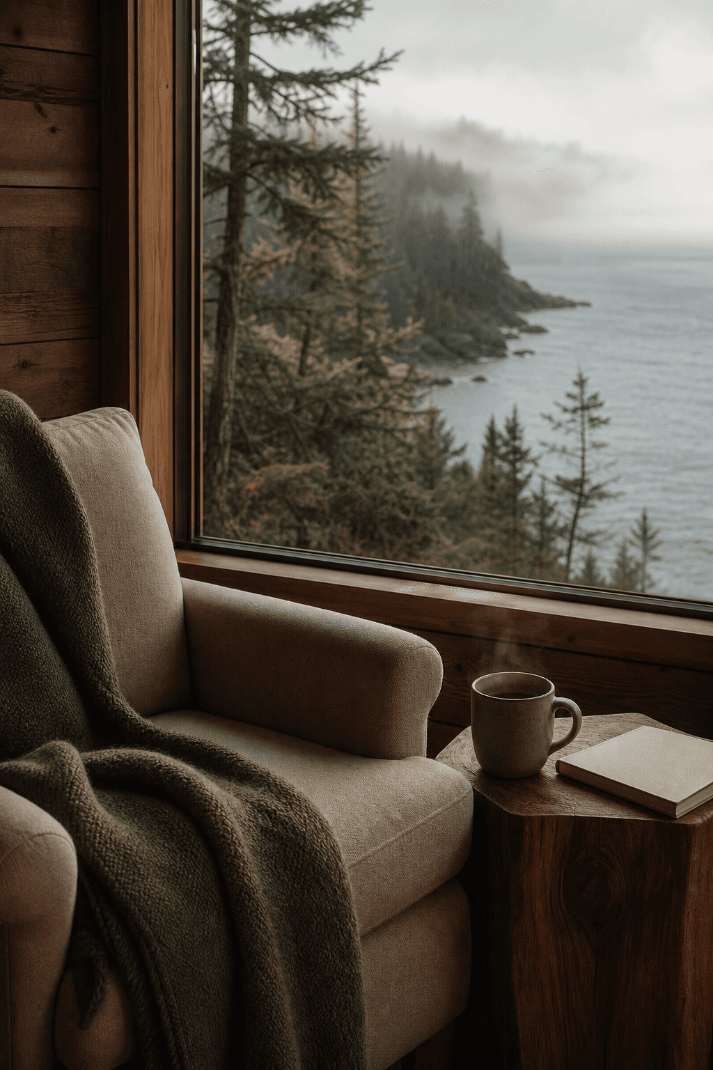 A calm cabin reading nook overlooking a foggy Lake Superior shoreline